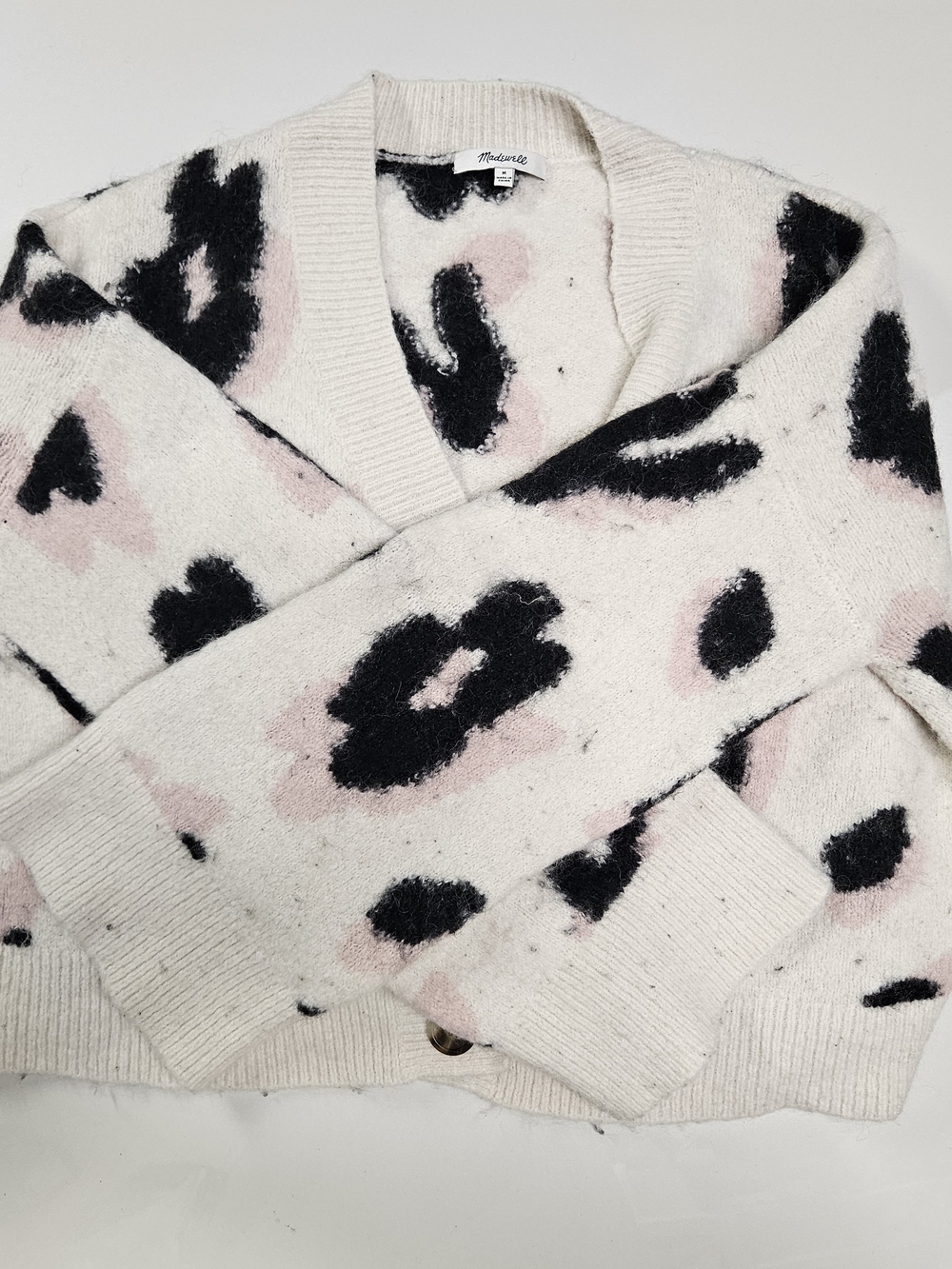 Madewell Cream Leopard-Print V-Neck Sweater with Black and Pale Pink Spots